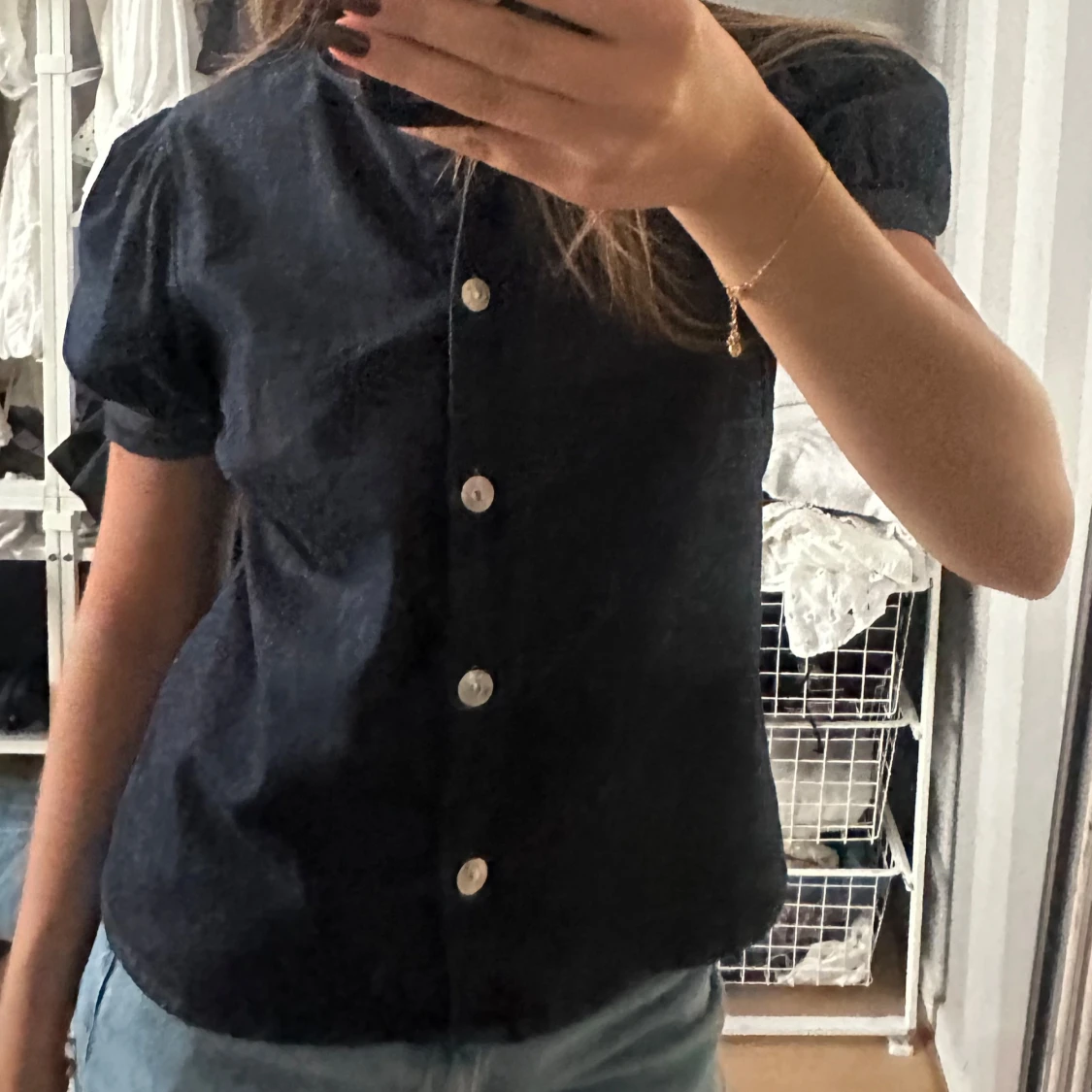 Mörkblå kortärmad jeans tröja med knappar - 1