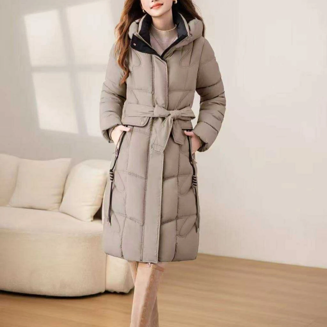 Beige lång pufferjacka med huva - 1