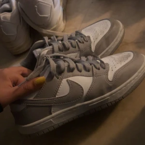 Nike Dunk Low i grått och vitt - Säljer ett par Nike Dunk Low sneakers i stilren grå och vit färg. Skorna har klassisk snörning, rund tå och platt sula. Perfekta för dig som gillar en clean och sportig look. Materialet är syntet och skinn för en schysst känsla och hållbarhet.storlek 38
