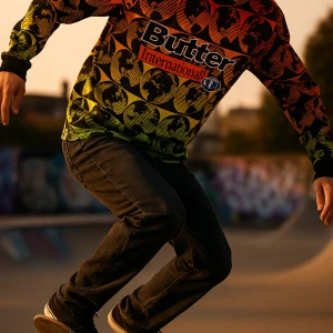 Butter International långärmad skateboardtröja - Snygg långärmad fotbollströja från Butter med grafiskt mönster av jordglobar i svart, rött, orange och gult. Tröjan har krage, tryckt logga och texten 'International' på bröstet. Tillverkad i ett lätt och glansigt material som känns sportigt och modernt.