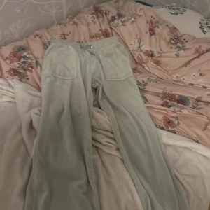 Ljusgröna mjukisbyxor från Juicy Couture - gröna mjukis byxor från juicy couture har använt ett par gånger och har råkat smutsa ner den. Men går säkert bort med fläckborttagningen köpte den för 1200kr säljer för 430