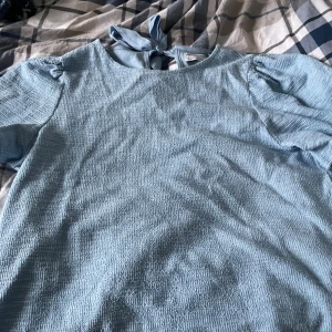 Ljusblå blus med knyt från Holly & Whyte - Säljer en ljusblå blus från Holly & Whyte med puffade axlar och snygg knytning i nacken. Materialet är strukturerat och känns mjukt mot huden. Perfekt för dig som gillar stilrena detaljer och en feminin look.