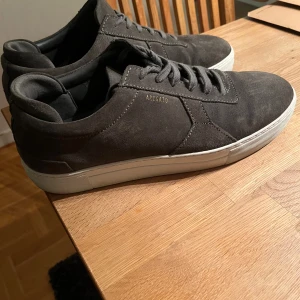 Grå sneakers från Arigato i mocka - Snygga grå sneakers från Arigato med vit platt sula och rund tå. Skorna är tillverkade i mjuk mocka och har diskret guldfärgad logga på sidan. Klassisk låg modell med snörning och stilren design som passar till det mesta. Nypris 2500, använda fåtal gånger.