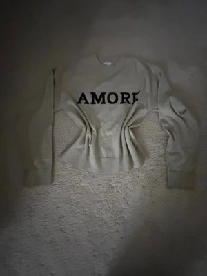 Beige sweatshirt med AMORE från Gina Tricot - Säljer en beige sweatshirt från Gina Tricot med svart AMORE-tryck på bröstet. Tröjan har rund hals, ribbade muddar och är långärmad. Materialet är mjuk bomull och polyester, perfekt för chill dagar. Passar dig som gillar enkel och stilren design.