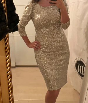Glittrig paljettklänning - Supersnygg glittrig klänning med paljetter. Figurnära modell med trekvartsärm och rund halsringning. Perfekt för fest eller nyår! Etikett finns. Helt ny och aldrig använd. Endast provad för foto. 