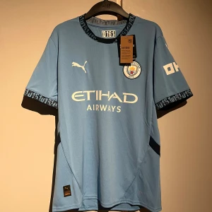 Manchester City blå fotbollströja Puma - Manchester Citys officiella hemmatröja från Puma i ljusblått med klubbmärke på bröstet och Etihad Airways-tryck. Kortärmad modell med svart detaljer och text på krage och ärmslut. Tillverkad i Drycell-material som andas och håller dig sval under matchen.