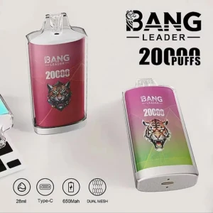 Bang Leader 20000 Puffs - Bang Leader engångsvape med upp till 20000 puffar, 28ml e-vätska och 650mAh batteri. Laddas med Type-C och har dual mesh för jämn ånga. Finns i 12 smaker som Watermelon Ice, Mix Fruit och Blueberry Raspberry. Ny i förpackning, inga synliga defekter.