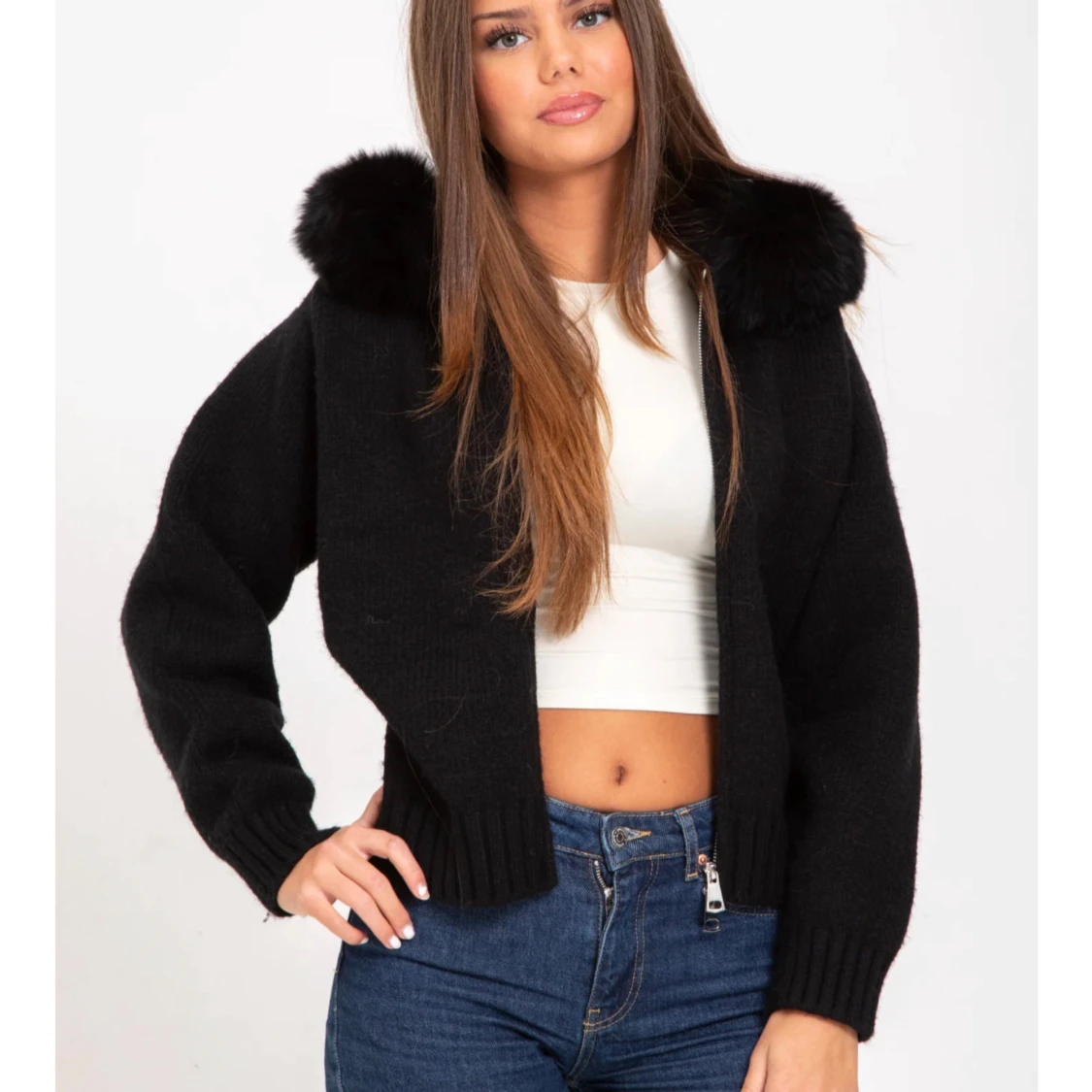 Svart höst jacka med fluffig päls  - 3