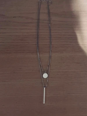 Silverfärgat dubbelt halsband - Snyggt silverfärgat halsband med två tunna kedjor. Ena kedjan har en rund platta som hänge och den andra ett avlångt, minimalistiskt stavhänge. Perfekt för dig som gillar stilrena accessoarer med modern touch.
