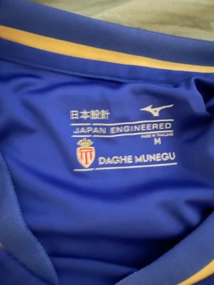 AS Monaco blå bortatröja Mizuno M - Säljer en blå AS Monaco bortatröja 25/26 från Mizuno med gulddetaljer och klubbmärke på bröstet. Tröjan har korta ärmar, rund hals och är tillverkad i lätt polyester. Perfekt för fotbollsfans som vill sticka ut med stilren design och snygga detaljer.