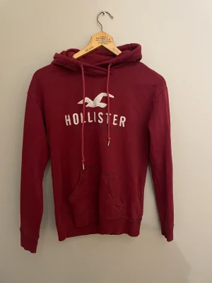 Vinröd hoodie från Hollister S - Snygg vinröd hoodie från Hollister med stor vit logga och fågeltryck på bröstet🤩. Tröjan är i storlek S, bara att höra av er vid frågor 🙌