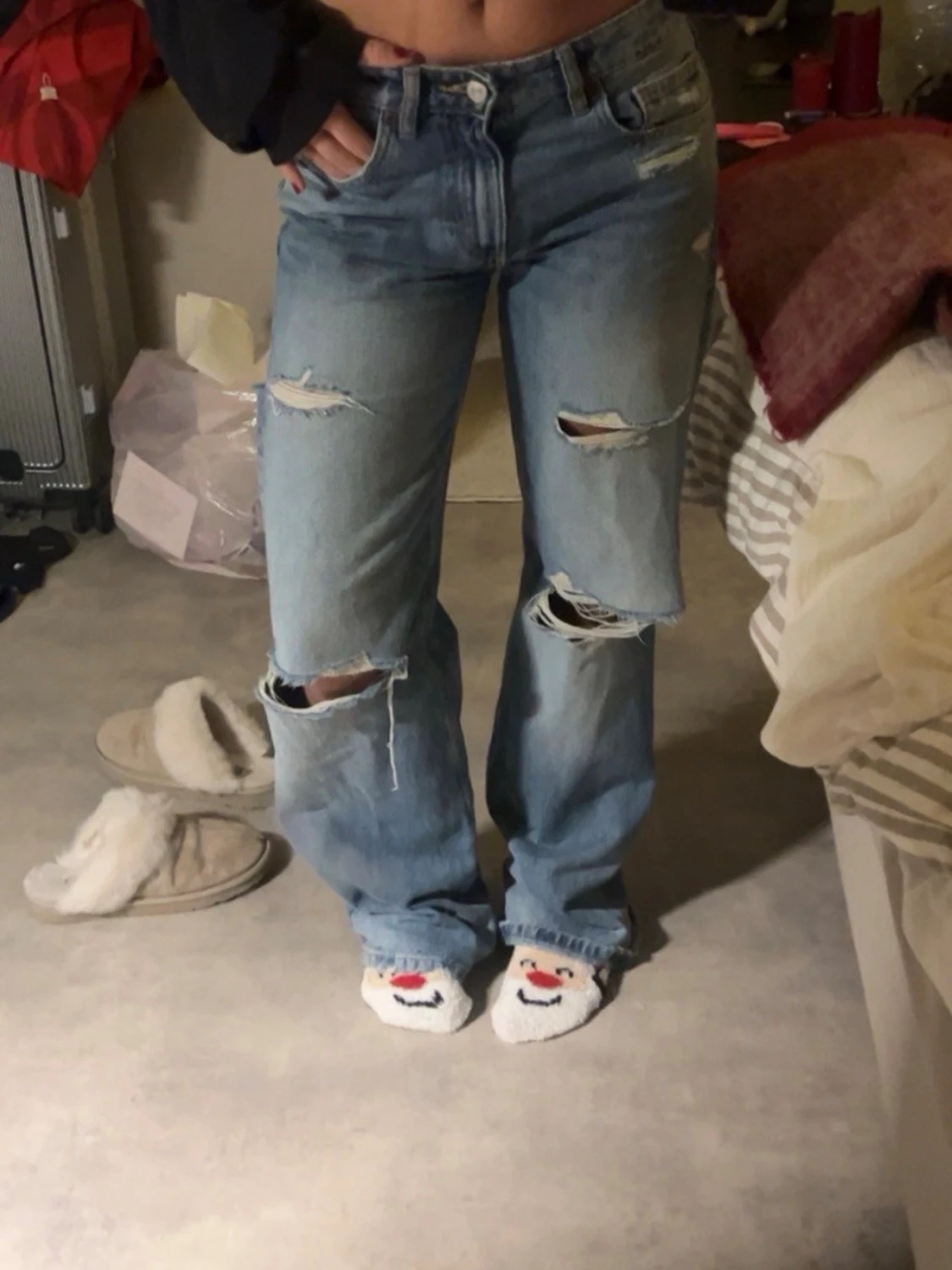 Lågmidjade ljusblå wide jeans med slitningar - 3