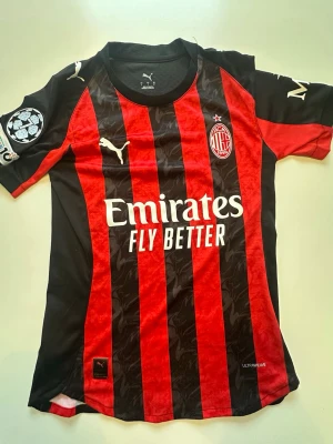 AC Milan matchtröja Puma röd/svart - AC Milan matchtröja i rött och svart med klassiska ränder, Puma-logga och Champions League-märke på ärmen. Framsidan har Emirates Fly Better-tryck och klubbmärke, baksidan har Modrić och nummer 14. Tillverkad i lätt funktionsmaterial.