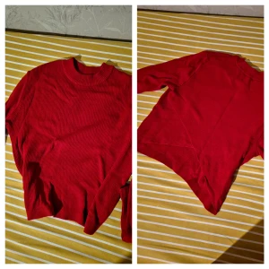 Röd ribbad stickad tröja - Säljer en snygg röd stickad tröja med ribbad struktur. Tröjan har lång ärm, rund halsringning och en lite tight passform. 