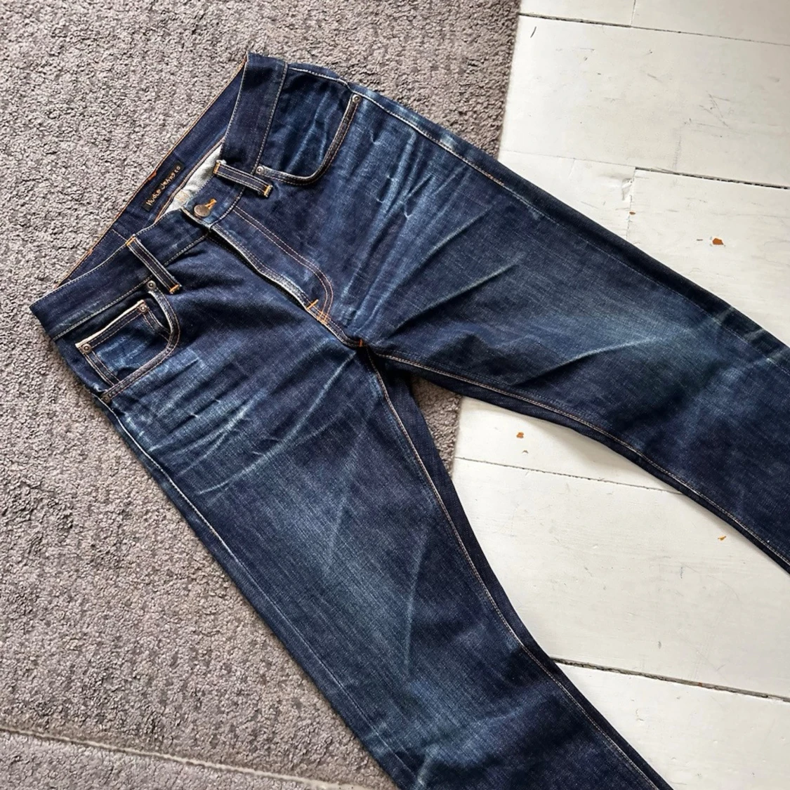 Mörkblåa Nudie Regular Alf Selvedge Jeans