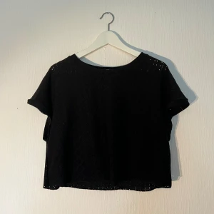 Svart blus i spets från Zara - Svart blus från Zara i storlek M med korta ärmar och rund hals. Toppen har ett snyggt hålmönster i spets och är croppad i modellen. Sparsamt använd! 