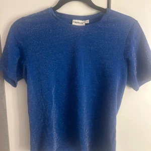 Blå glittrig topp från Cappuccini - Blå topp från Cappuccini med korta ärmar och rund hals. Tyget har en glittrig finish som ger en snygg och festlig känsla. Perfekt för dig som vill sticka ut lite extra med en cool och enkel look.
