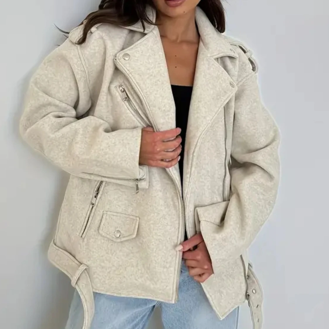 Oversized beige jacka med bälte