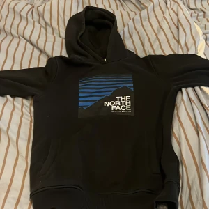 Svart hoodie från The North Face - Svart hoodie från The North Face med blått och vitt grafiskt tryck framtill. Klassisk huva, långa ärmar och ribbade muddar. Perfekt för chill dagar eller när du vill ha en clean streetstyle-look.
