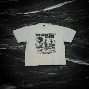 Vit broderad oversized t-shirt från FSBN - Säljer en vit t-shirt från FSBN i oversized fit, storlek M. Framsidan har en cool svart brodering med texten 'Chaotic Sys' och grafiskt motiv med två silhuetter och måne. T-shirten har rund hals och korta ärmar, perfekt för dig som gillar streetwear och grafiska prints.