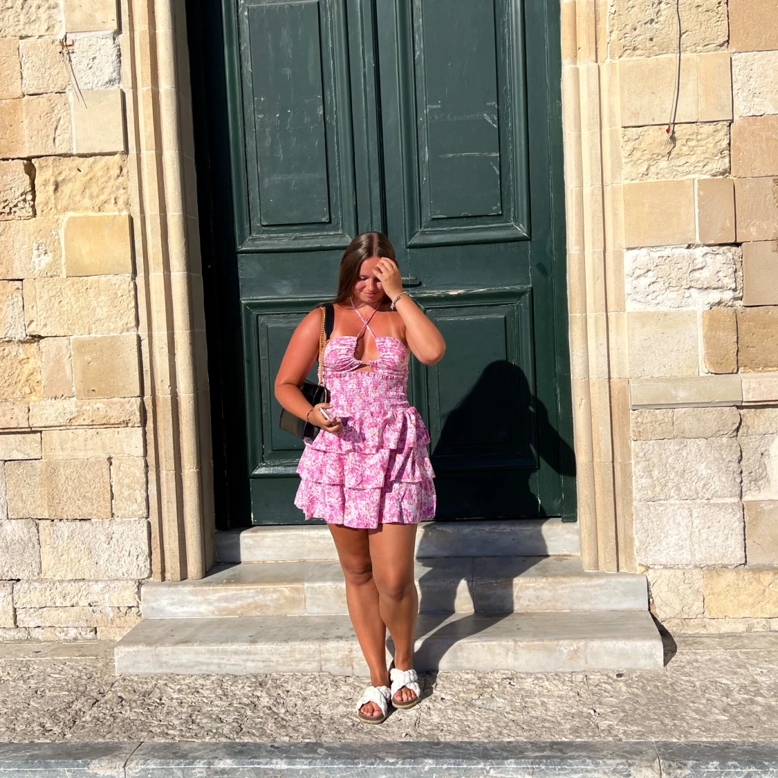 Rosa blommig halterneck volangklänning  - 3