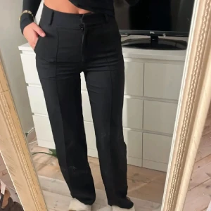 Svarta kostymbyxor med raka ben - Snygga svarta kostymbyxor med  raka ben. Perfekta för en clean och stilren look. Materialet känns mjukt och följsamt, vilket gör dem bekväma att bära hela dagen. Storlek XS(34) i hyfsat nytt skick. Nypris: 649kr