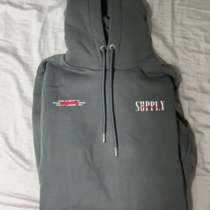 Grå hoodie från Supply & Demand - Snygg grå hoodie från Supply & Demand med tryck på bröstet och stor grafisk print på ryggen med ängel och text. Ficka framtill, huva med snörning och vita fågeltryck på ärmarna. Perfekt för dig som gillar streetwear och unika detaljer.