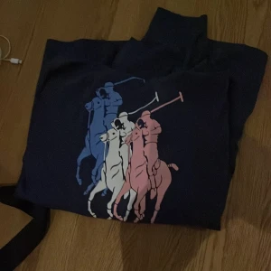 Mörkblå hoodie med polo-tryck - Säljer en mörkblå hoodie från Ralph Lauren med stort tryck av tre polospelare i blått, vitt och rosa på framsidan. Tröjan har huva och är långärmad, perfekt för dig som gillar sportiga och snygga streetwear-plagg.
