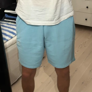 Ljusblå Adidas shorts i bomull - Säljer ett par ljusblå Adidas shorts med elastisk midja och sidofickor med dragkedja