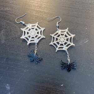 Glittriga örhängen med spindelnät - Unika örhängen i silverfärgad metall med glittrigt spindelnätsmotiv och hängande svarta spindlar. Perfekta för dig som vill sticka ut med en cool och lite spooky stil. Kommer med en snygg orange påse för förvaring. Köpta på ur & Penn förra året men använde de bara på halloween. Vet inte om de är nickelfria 