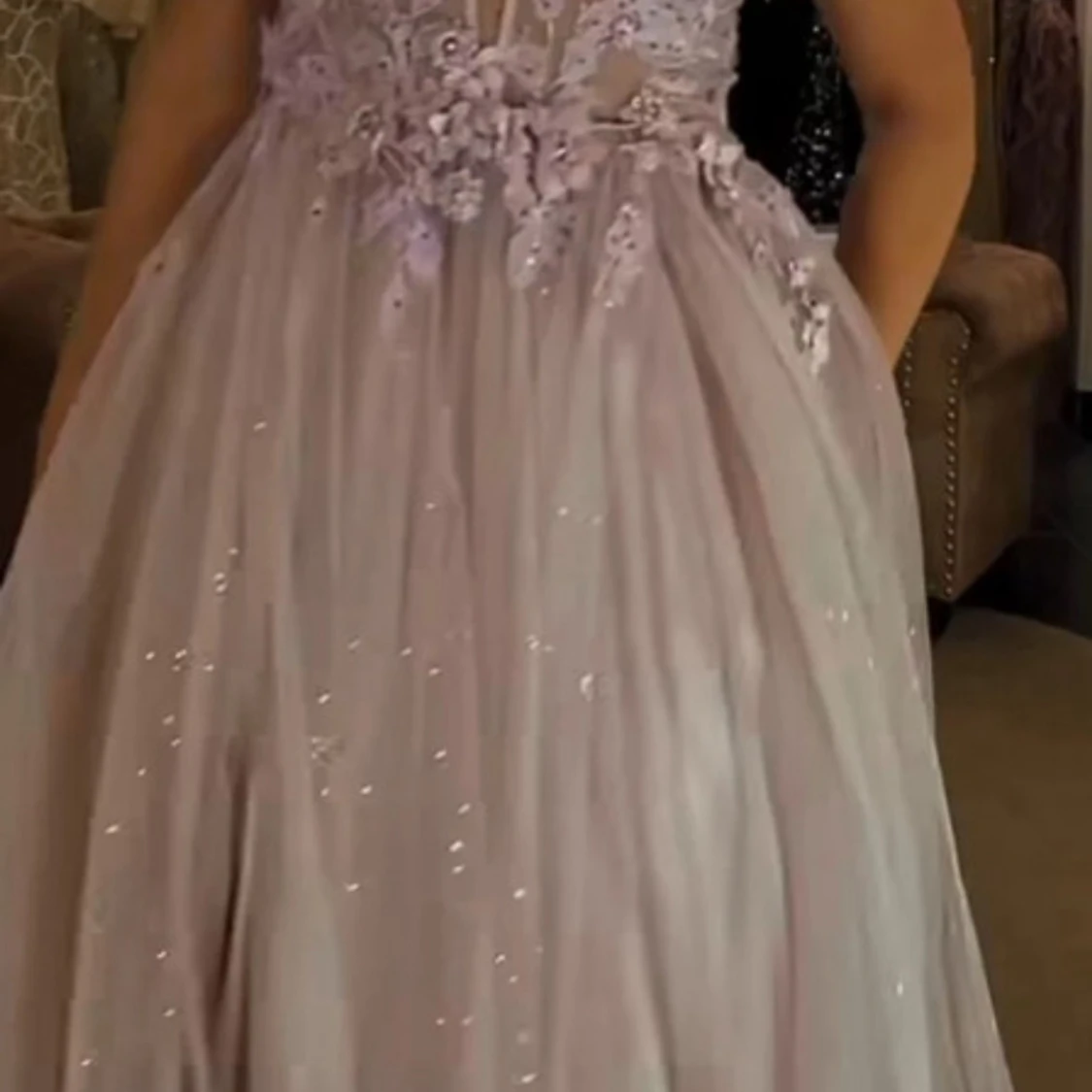 Ljuslila/rosa långklänning med spets och glitter - 3