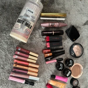 Stort sminkpaket med gloss, mascara & mer - Säljer ett stort sminkpaket med flera läppglans i olika färger (nude, rosa, röd, guld, lila), två Max Factor läppstift, Maybelline Lash Sensational mascara, Bobbi Brown mascara, eyeliners i brons, svart och guld, puder från Revolution och Lancôme samt ögonskuggsburkar. Perfekt för dig som vill testa nytt! Allt är använt! Säljer Allt för 50kr!  