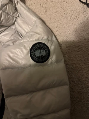 Silver dunjacka från Canada Goose - Säljer en snygg silverfärgad dunjacka från Canada Goose med huva och svarta detaljer. Jackan har dragkedja framtill, två sidofickor med dragkedja och justerbara axelband på insidan. Perfekt för kalla dagar och riktigt stilren look.