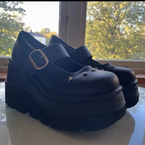 Demonia Cult Shaker-23 - Säljer ett par svarta Mary Jane-inspirerade platåskor från Demonia Cult, använda en gång!!Skorna har chunky sula, bred rem med metallspänne och silverfärgade stjärnnitar på tån OBS . Saknar en stjärnnit, se bild 4, som ramlat av, pga detta säljer jag dom billigare! Tillverkade i veganskt läder! Nypris 1050 kr