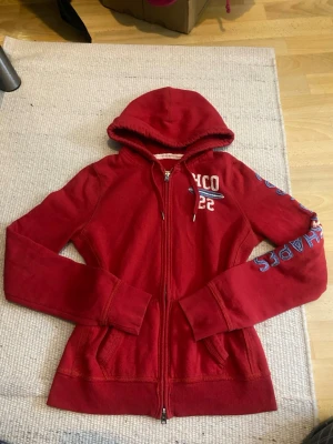 Snygg röd hollister zip up med text - Storlek L men passar mindre, närmare storkek M. <3 Axelbredd: 39cm, Längd: 56cm.