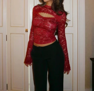 Röd spetsblus med cut-out - Säljer en röd, långärmad blus i spets med snygg cut-out detalj vid halsen från venderbys!! Endast använd 1 gång!!