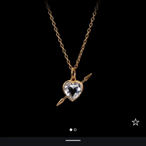 Maria Nilsdotter-Rabel Love Necklace - Unikt halsband från Maria Nilsdotter med tunn guldfärgad kedja och ett hängsmycke i form av ett klart hjärta genomborrat av en pil. Hängsmycket har en glittrande kristall-look och detaljer i guld. Endast använd några gånger och ser ut som nyskick med ny guldplattering! 