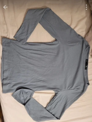 Ljusblå ribbad långärmad topp - Säljer en ljusblå långärmad topp från lager157 med smala ribbade ränder. Toppen har en enkel, rak passform och är tillverkad i mjukt, stretchigt material som känns skönt mot huden. Perfekt att matcha med jeans eller kjol för en clean look.