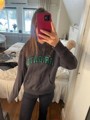 Axel arigato hoodie - Snygg mörkgrå hoodie från ARIGATO med grön broderad text på bröstet. Storlek xs, jag är 165cm för referens