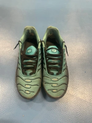 Nike Air Max Plus turkosa sneakers - Säljer ett par Nike Air Max Plus sneakers i turkos med svarta detaljer och svarta snören. Skorna har den klassiska vågiga designen på ovandelen och en synlig Air-sula för extra komfort. Swoosh-logga på sidan och meshmaterial för bra ventilation. Det är bara att tvätta dom 