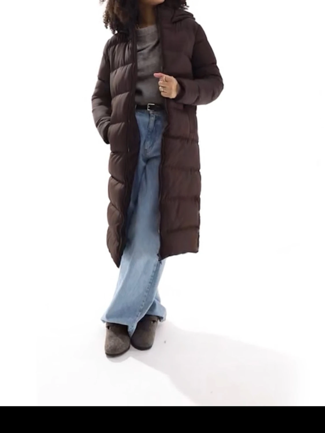 Lång brun dunjacka med huva - 1