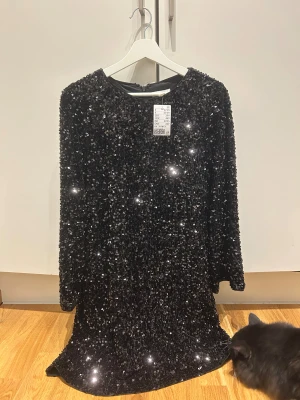 Svart glittrig paljettklänning H&M - Supersnygg svart kortklänning från H&M, täckt med glittriga paljetter som verkligen fångar ljuset. Klänningen har lång ärm och rund hals, med en diskret dragkedja i ryggen för enkel påklädning. Perfekt för dig som vill sticka ut och glänsa.