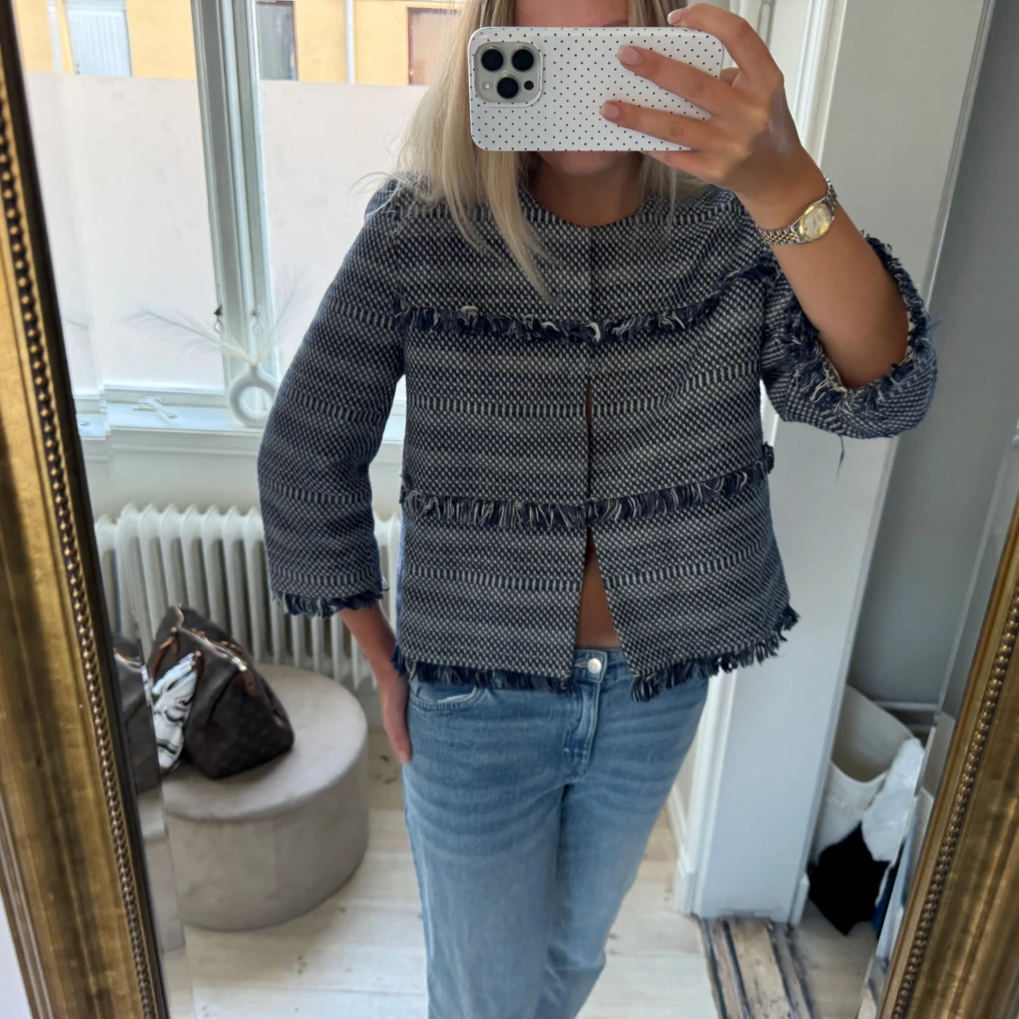 Blåvit rutig overshirt med fransar - 1