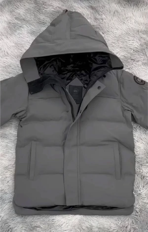 Grå dunjacka med huva från Canada Goose - Säljer en grå dunjacka från Canada Goose med stor huva och svarta detaljer på insidan. Jackan har två sidofickor, diskret logga på ärmen och dragkedja med knappslå framtill. Perfekt för kalla dagar och riktigt snygg stil.