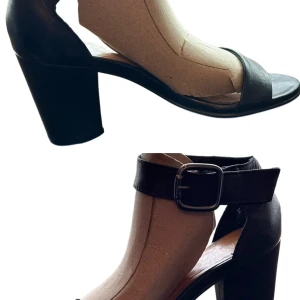 Svarta sandaler med klack och spänne - Stilrena svarta sandaler i skinn med bred rem över tårna och justerbart spänne runt ankeln. Skon har öppen tå och en stabil, hög klack som ger en snygg siluett. Perfekta för dig som vill ha en klassisk och trendig look till sommaren.