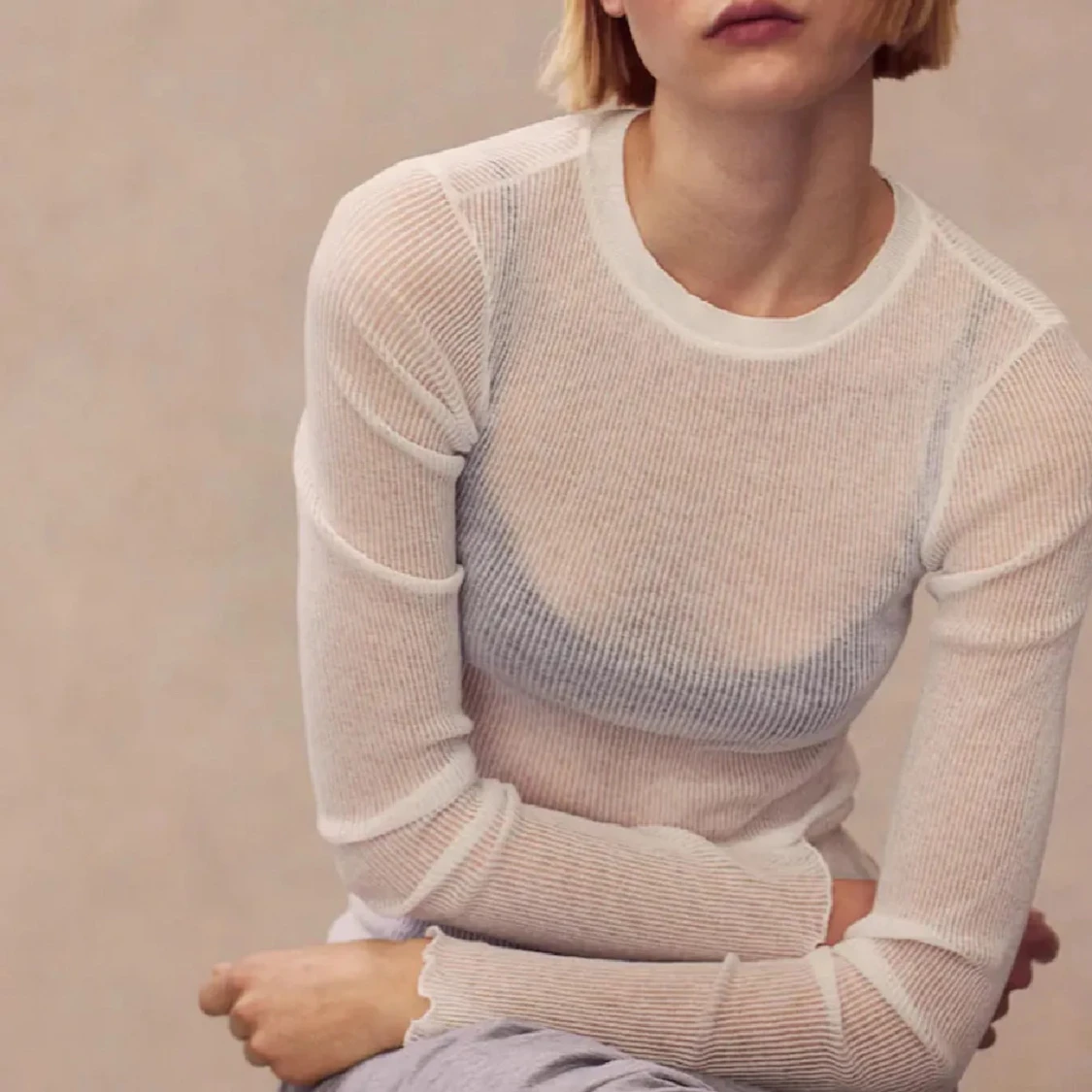 Vit ribbad långärmad topp H&M