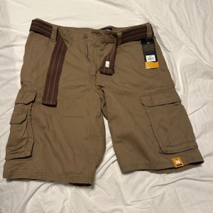 Bruna/gröna cargo shorts från Lee med bälte - Säljer ett par bruna/gröna cargo shorts från Lee med flera praktiska fickor och medföljande brunt tygbälte. Shortsen har normal passform och är tillverkade i mjuk bomull, perfekta för chill dagar. Klassisk design med knapp och dragkedja framtill.