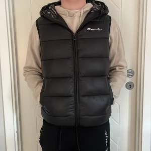 Svart dunväst från Champion med huva - Svart, quiltad dunväst från Champion med huva och dragkedja framtill. Västen passar nästan till alla outfits och har håller dig varm runt våren/tidig vinter. Skriv till mig för fler frågor