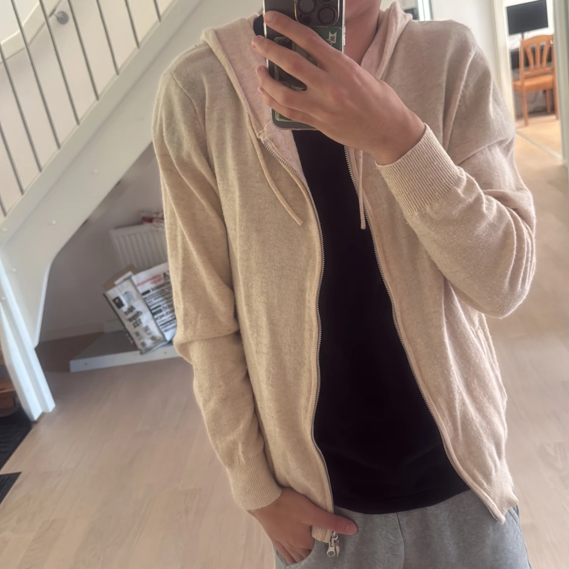 Beige hoodie med dragkedja kashmir  - 3