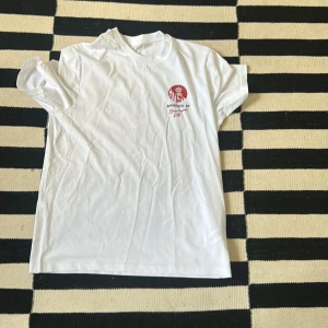 Vit t-shirt Sampe V2 med tryck. - Säljer en vit t-shirt från Sampe V2 i storlek M. T-shirten har rött tryck fram med texten 'Approved by Sampe V2' och ett motiv, samt ett stort tryck bak med hamburgare, pommes och läsk samt texten 'Classic V2'. Rund hals och korta ärmar. Skön bomullskvalitet. Limited edition, endast de 10 första fick de, från moster york. Aldrig använd perfekt kvalitét och ytterst sällsynt.